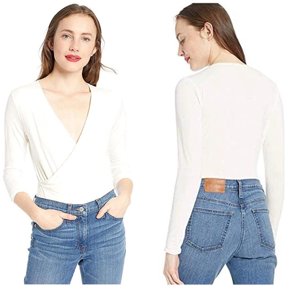 J. CREW Cream Bodysuit V Neck Wrap Long Sleeve Medium Mercantile White Top Shirt